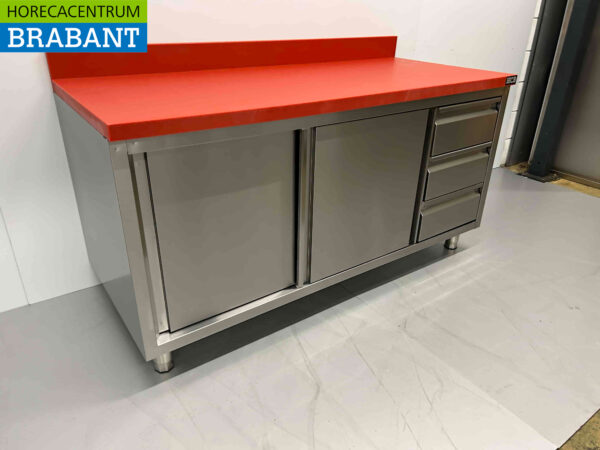 Stainless steel HCB Polyethylene PE Work Cabinet Cabinet Cutting Table 2 sliding doors 3 drawers 160 cm Catering Butchery - Image 3