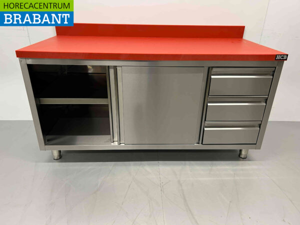 Stainless steel HCB Polyethylene PE Work Cabinet Cabinet Cutting Table 2 sliding doors 3 drawers 160 cm Catering Butchery - Image 5
