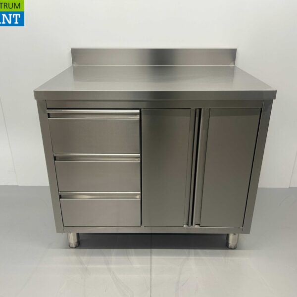 HCB Stainless Steel Work Cabinet Cabinet Work Table 2 folding doors and 3 drawers 100 cm Catering