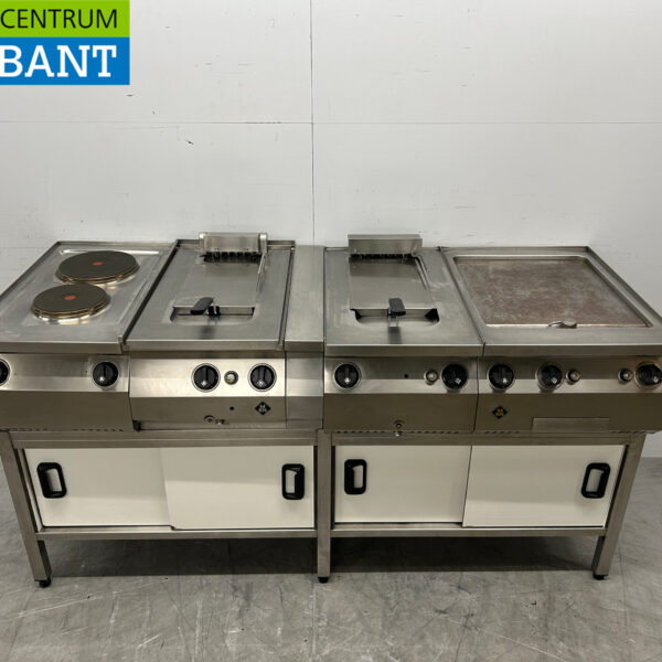 Stainless steel MKN baking line 2 burner stove, 2 x fryer and griddle 400V Horeca