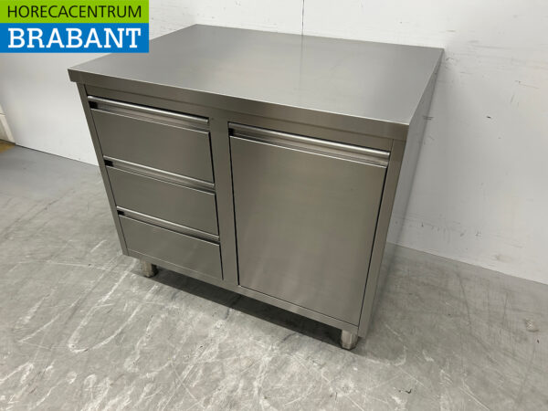 Stainless steel Work Cabinet Cabinet Work Table Waste bin and 3 drawers 100 cm Catering - Image 2