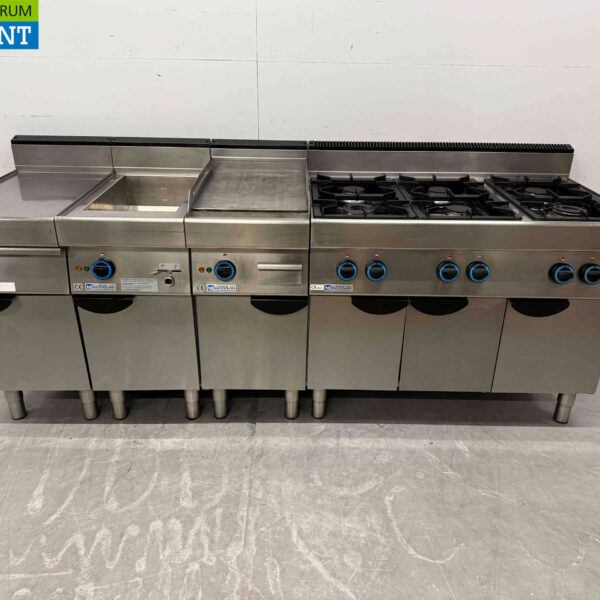 Stainless steel Modular baking line consisting of Blind unit, Bain Marie, Baking tray and 6 burner stove 230 cm 230V + 400V + GAS Horeca