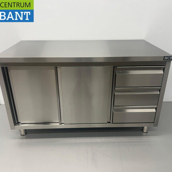 Stainless Steel Work Cabinet Premium-line Cabinet Work Table 2 sliding doors and 3 drawers 140 cm Hospitality