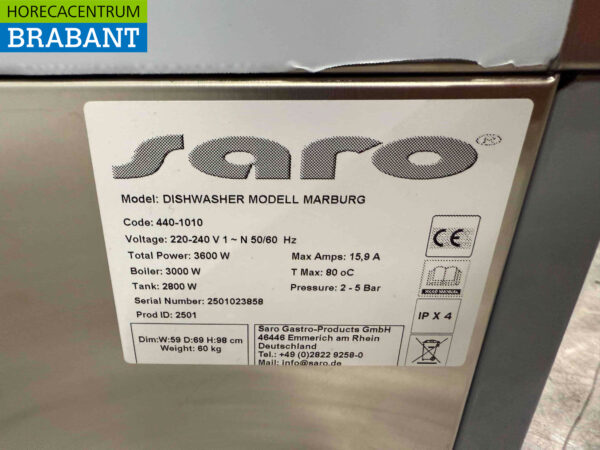 Stainless steel Saro Marburg Dishwasher with soap dosing pump 230V Horeca - Image 6