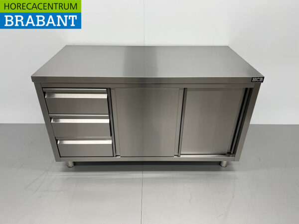 Stainless Steel Work Cupboard Cabinet Work Table Premium-line 2 sliding doors and 3 drawers 140 cm Catering