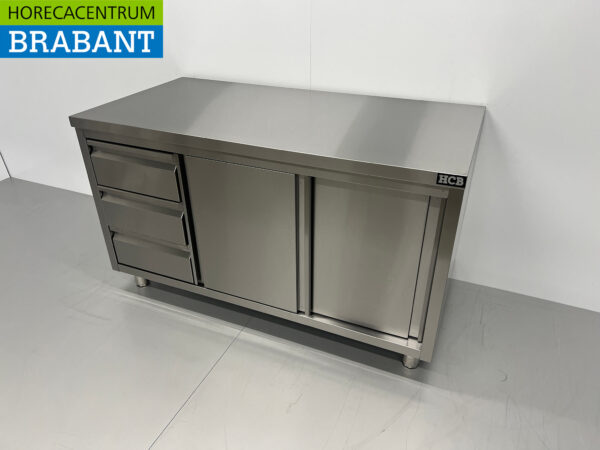 Stainless Steel Work Cupboard Cabinet Work Table Premium-line 2 sliding doors and 3 drawers 140 cm Catering - Image 2