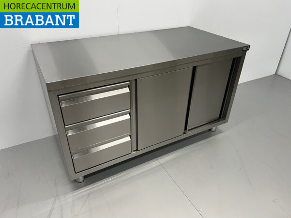Stainless Steel Work Cupboard Cabinet Work Table Premium-line 2 sliding doors and 3 drawers 140 cm Catering - Image 3