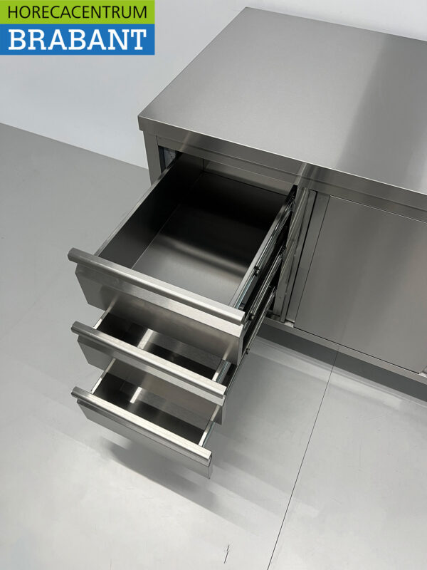 Stainless Steel Work Cupboard Cabinet Work Table Premium-line 2 sliding doors and 3 drawers 140 cm Catering - Image 4