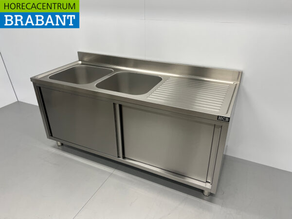 Stainless steel Sink Table Double Sinks 2 sliding doors Premium-line 180 cm Catering - Image 2