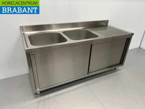 Stainless steel Sink Table Double Sinks 2 sliding doors Premium-line 180 cm Catering - Image 3
