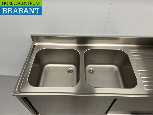 Stainless steel Sink Table Double Sinks 2 sliding doors Premium-line 180 cm Catering - Image 4