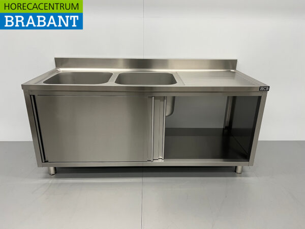 Stainless steel Sink Table Double Sinks 2 sliding doors Premium-line 180 cm Catering - Image 5