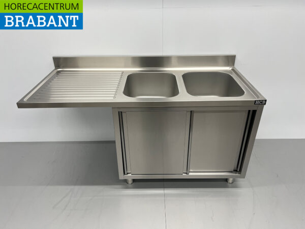 Stainless steel Sink Table double sinks Premium-line 2 sliding doors 160 cm Catering