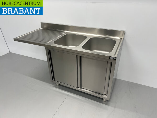 Stainless steel Sink Table double sinks Premium-line 2 sliding doors 160 cm Catering - Image 2