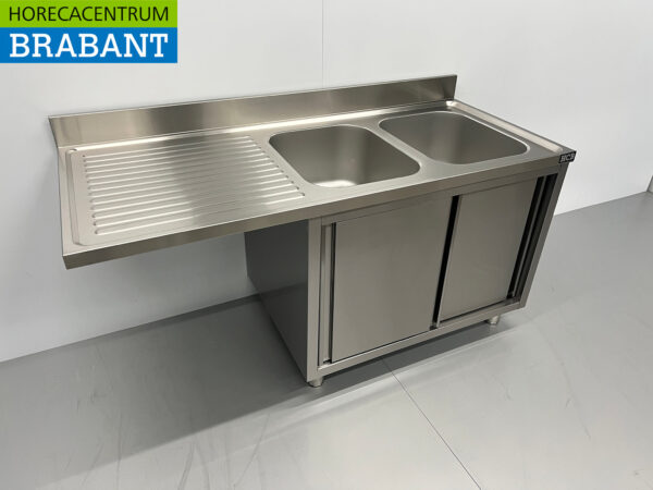 Stainless steel Sink Table double sinks Premium-line 2 sliding doors 160 cm Catering - Image 3