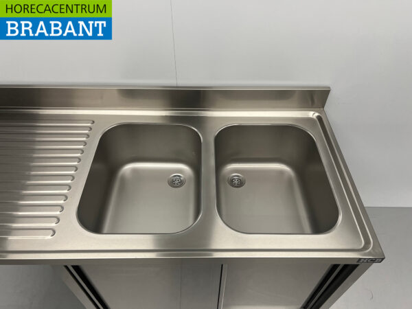 Stainless steel Sink Table double sinks Premium-line 2 sliding doors 160 cm Catering - Image 4