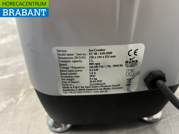 Saro EC80 Ice Crusher Ice Crusher 100 kg per hour 230V Horeca - Image 6