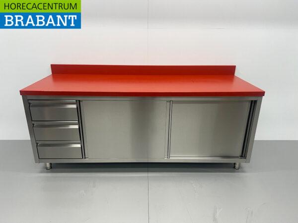 Stainless steel Polyethylene PE Work Cabinet Cabinet Cutting Table Premium-line 2 sliding doors 3 drawers 200 cm Catering Butchery