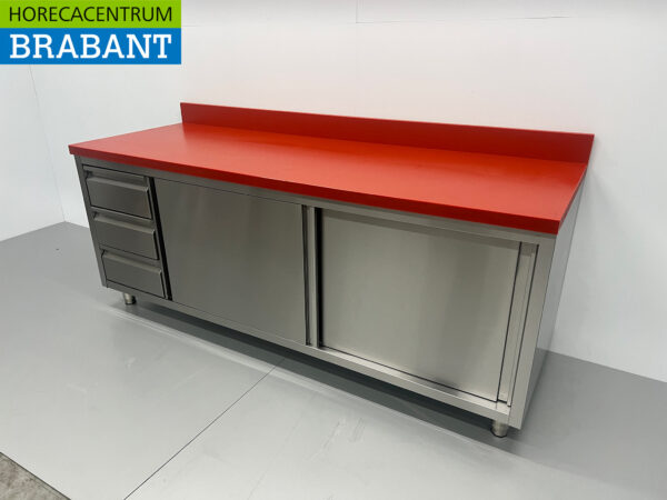 Stainless steel Polyethylene PE Work Cabinet Cabinet Cutting Table Premium-line 2 sliding doors 3 drawers 200 cm Catering Butchery - Image 2