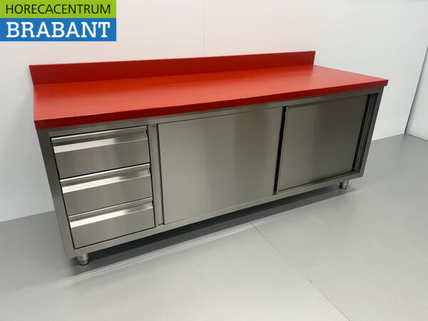 Stainless steel Polyethylene PE Work Cabinet Cabinet Cutting Table Premium-line 2 sliding doors 3 drawers 200 cm Catering Butchery - Image 3