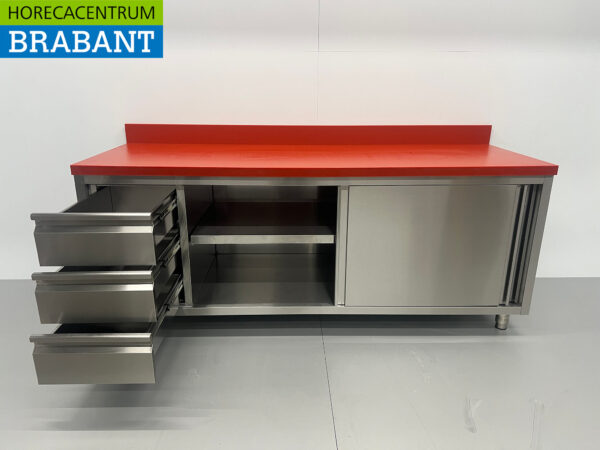 Stainless steel Polyethylene PE Work Cabinet Cabinet Cutting Table Premium-line 2 sliding doors 3 drawers 200 cm Catering Butchery - Image 4