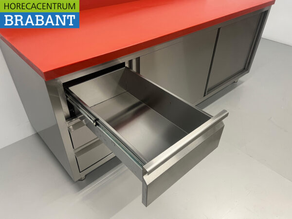 Stainless steel Polyethylene PE Work Cabinet Cabinet Cutting Table Premium-line 2 sliding doors 3 drawers 200 cm Catering Butchery - Image 5