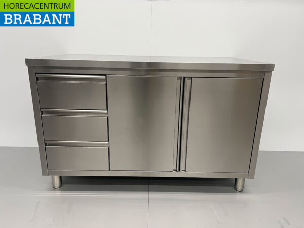 HCB stainless steel Work Cupboard Cabinet Work Table 2 folding doors and 3 drawers 140 cm Hospitality