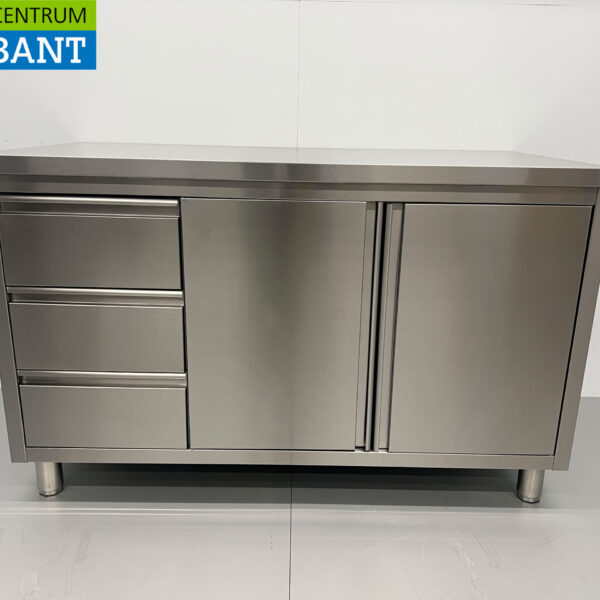 HCB stainless steel Work Cupboard Cabinet Work Table 2 folding doors and 3 drawers 140 cm Hospitality
