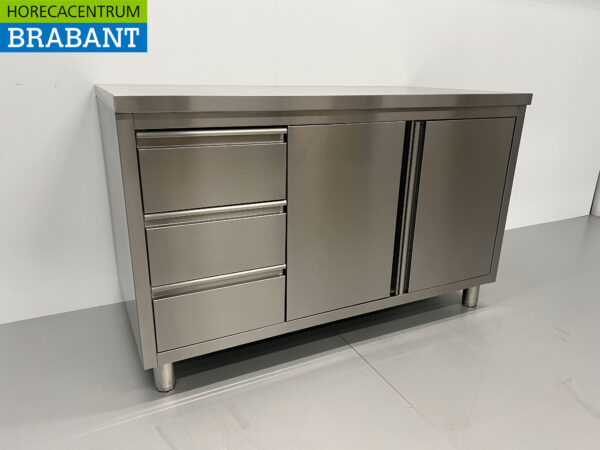 HCB stainless steel Work Cupboard Cabinet Work Table 2 folding doors and 3 drawers 140 cm Hospitality - Image 2