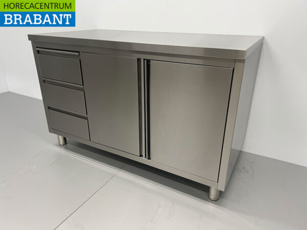 HCB stainless steel Work Cupboard Cabinet Work Table 2 folding doors and 3 drawers 140 cm Hospitality - Image 3
