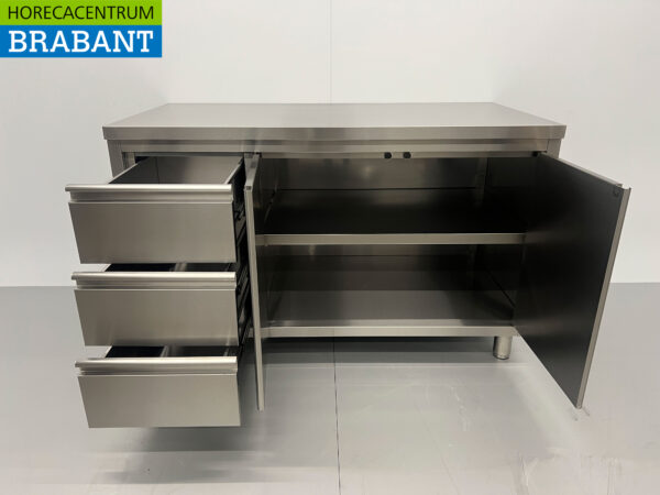 HCB stainless steel Work Cupboard Cabinet Work Table 2 folding doors and 3 drawers 140 cm Hospitality - Image 5
