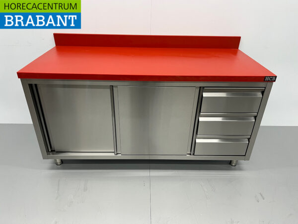 HCB Stainless Steel Polyethylene PE Work Cabinet Cabinet Cutting Table Premium-line 2 sliding doors 3 drawers 160 cm Catering Butchery
