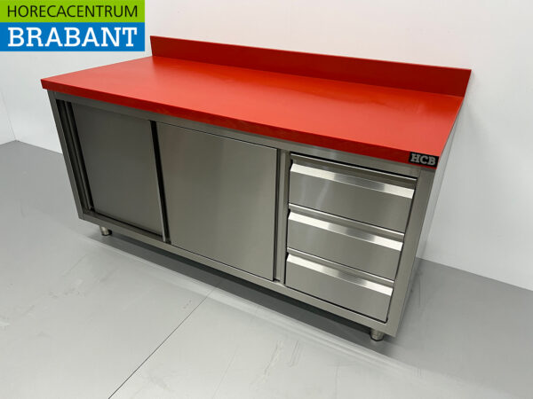HCB Stainless Steel Polyethylene PE Work Cabinet Cabinet Cutting Table Premium-line 2 sliding doors 3 drawers 160 cm Catering Butchery - Image 2