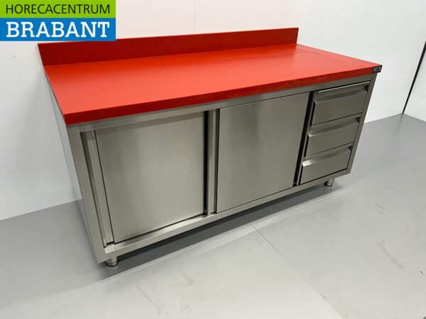 HCB Stainless Steel Polyethylene PE Work Cabinet Cabinet Cutting Table Premium-line 2 sliding doors 3 drawers 160 cm Catering Butchery - Image 3