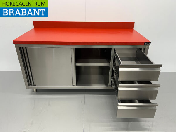 HCB Stainless Steel Polyethylene PE Work Cabinet Cabinet Cutting Table Premium-line 2 sliding doors 3 drawers 160 cm Catering Butchery - Image 5
