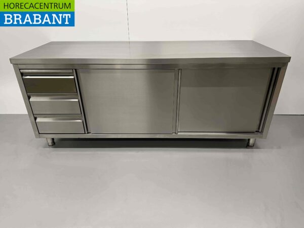 Stainless Steel Work Cabinet Premium-line Cupboard Work Table 2 sliding doors and 3 drawers 200 cm Horeca
