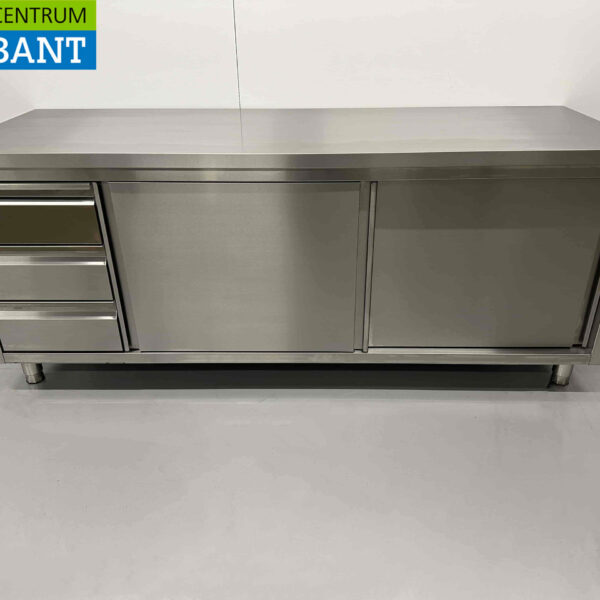 Stainless Steel Work Cabinet Premium-line Cupboard Work Table 2 sliding doors and 3 drawers 200 cm Horeca
