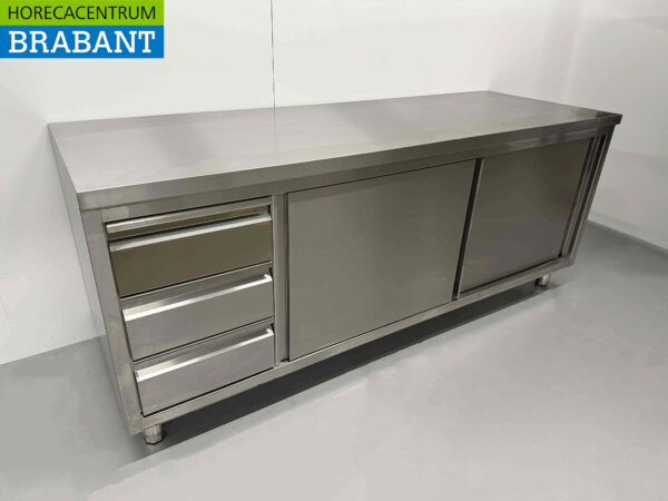 Stainless Steel Work Cabinet Premium-line Cupboard Work Table 2 sliding doors and 3 drawers 200 cm Horeca - Image 3