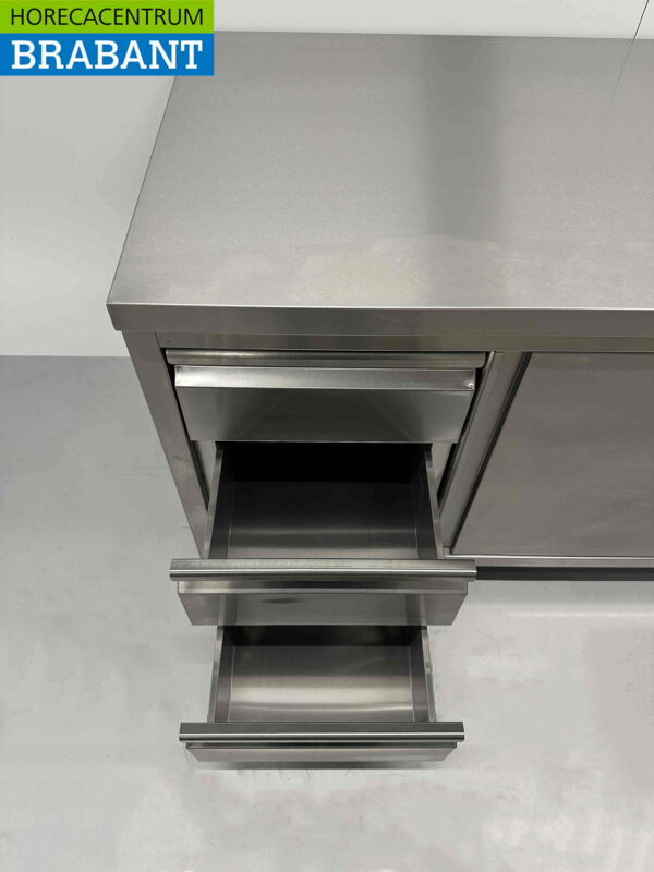 Stainless Steel Work Cabinet Premium-line Cupboard Work Table 2 sliding doors and 3 drawers 200 cm Horeca - Image 6