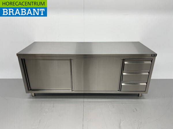 Stainless Steel Work Cabinet Premium-line Cupboard Work Table 2 sliding doors and 3 drawers 200 cm Horeca