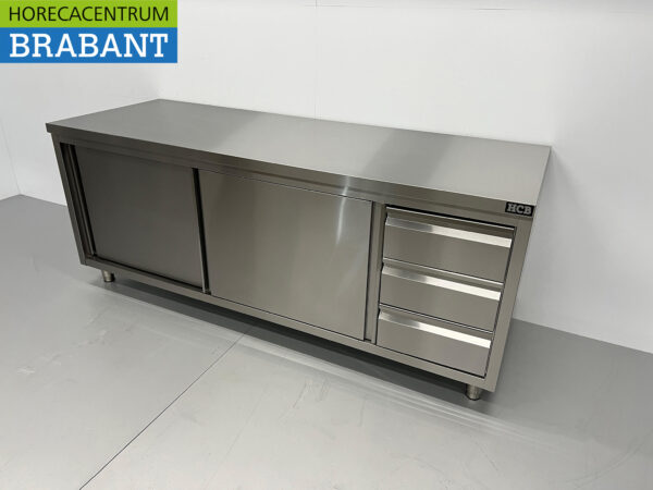 Stainless Steel Work Cabinet Premium-line Cupboard Work Table 2 sliding doors and 3 drawers 200 cm Horeca - Image 2
