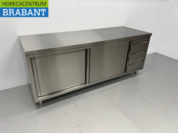 Stainless Steel Work Cabinet Premium-line Cupboard Work Table 2 sliding doors and 3 drawers 200 cm Horeca - Image 3