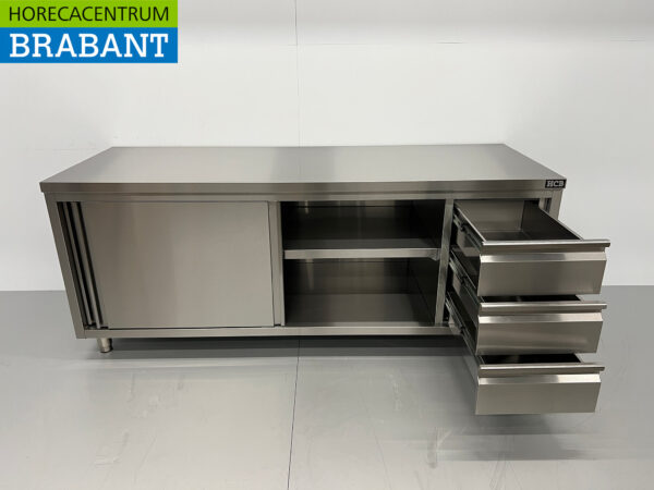 Stainless Steel Work Cabinet Premium-line Cupboard Work Table 2 sliding doors and 3 drawers 200 cm Horeca - Image 4