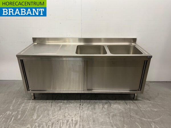 Stainless steel Sink Table Double Sinks 2 Sliding Doors 200 cm 230V Catering