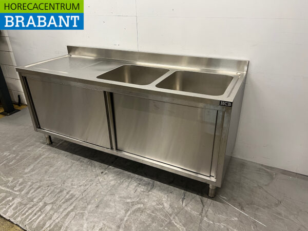 Stainless steel Sink Table Double Sinks 2 Sliding Doors 200 cm 230V Catering - Image 2