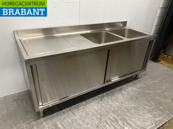 Stainless steel Sink Table Double Sinks 2 Sliding Doors 200 cm 230V Catering - Image 3