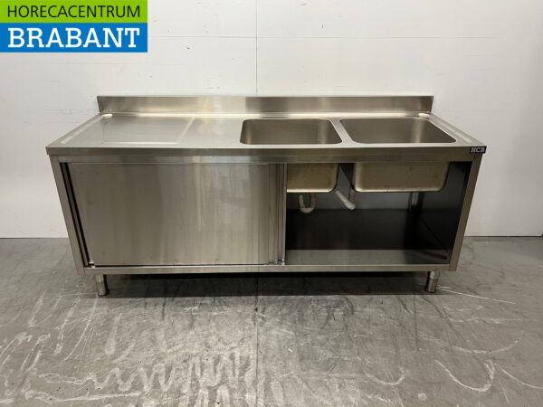 Stainless steel Sink Table Double Sinks 2 Sliding Doors 200 cm 230V Catering - Image 4