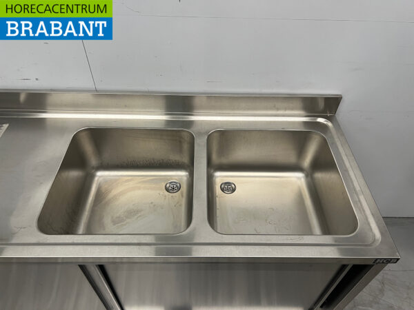 Stainless steel Sink Table Double Sinks 2 Sliding Doors 200 cm 230V Catering - Image 5