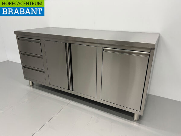 Stainless Steel Work Cupboard Cabinet Work Table 2 folding doors and 3 drawers and waste bin 180 cm Catering - Image 2
