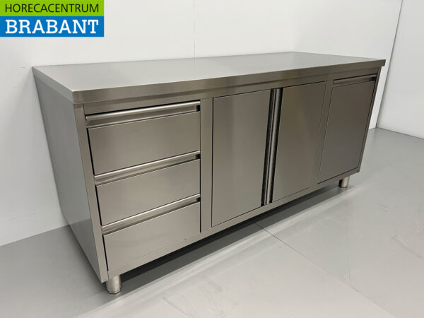 Stainless Steel Work Cupboard Cabinet Work Table 2 folding doors and 3 drawers and waste bin 180 cm Catering - Image 3